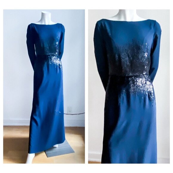 Pronovias Navy Blue Sequin Detail LOng  Sleeve Formal Gown 8 - Picture 1 of 7